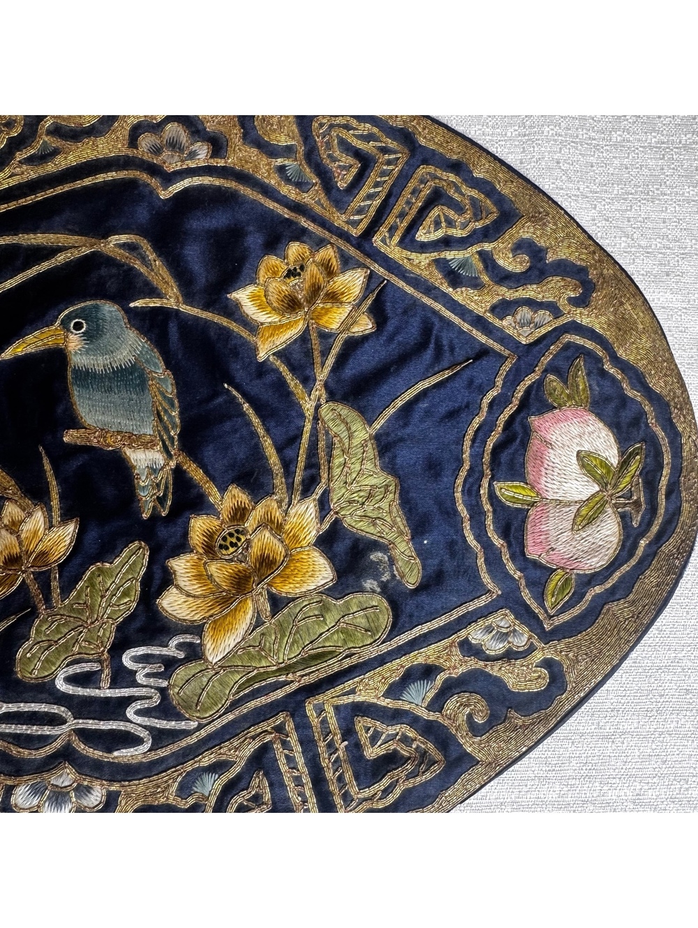 Vintage Embroidered Bird & Lotus Textile Art Navy Blue Silk-Like Oval Wall Decor - Picture 5 of 8